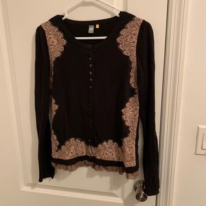 Anthropologie Black Sweater with Rose Lace Detail